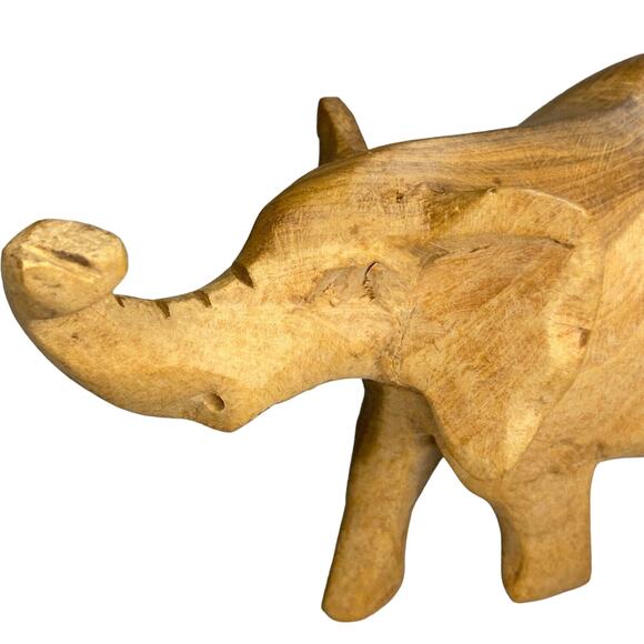 Vintage Wood Elephant Hand Carved Trunk Up Artisan Made Primitive Art 6 x 3" - Picture 6 of 9